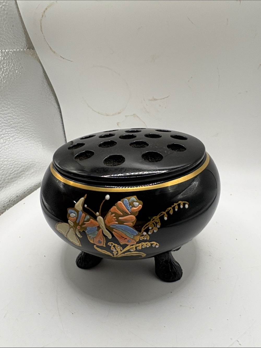 Vintage Black Amethyst Flower Frog with Original Base Vase Art Deco Butterlies